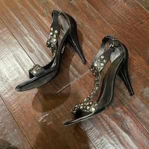 Gently Loved Black Pour La Victoire T-Strap Silver Studded Sandals